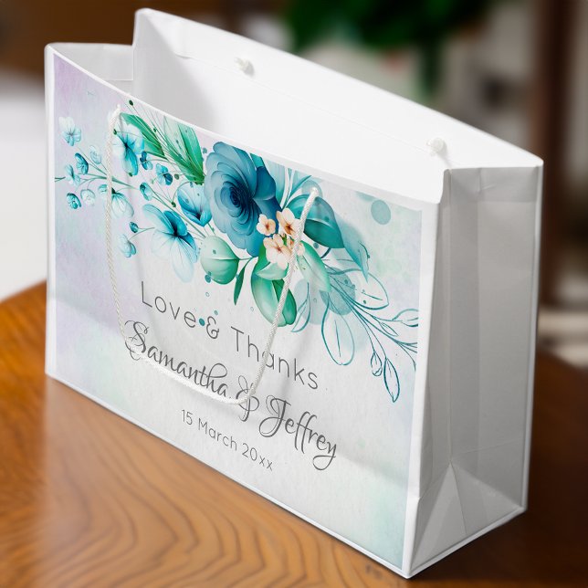 Blaue aquamarine grüne Blume Blumengeschenke für H Große Geschenktüte (Blue teal green flowers floral wedding gifts favor large gift bag wedding welcome bag favor bag)