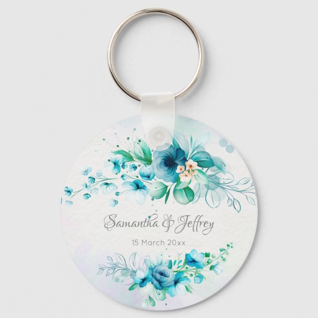 Blaue aquamarine grüne Blume personalisiert Schlüsselanhänger (Vorderseite)