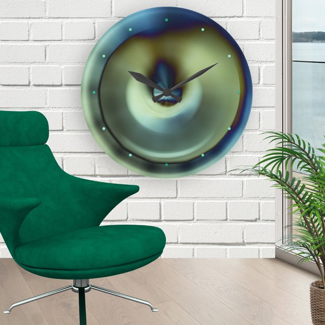 Blaue Aquamarine, moderne, abstrakte Wandleuchte Runde Wanduhr (Modern wall clock featuring an original abstract design in green, teal and pale turquoise colors)