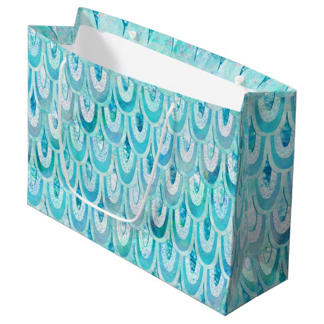 Blaue Aquamarine Shiny-Meerjungenskala Große Geschenktüte (Vorderseite Schrägansicht)
