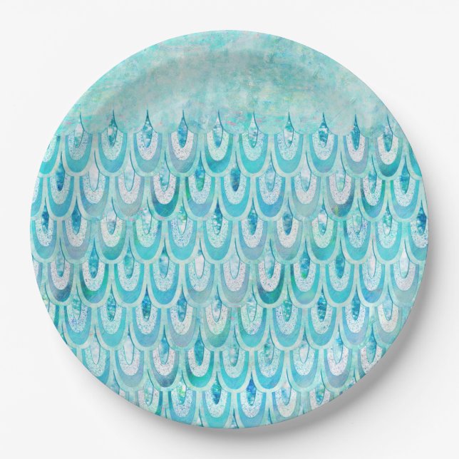 Blaue Aquamarine Shiny-Meerjungenskala Pappteller (Vorderseite)