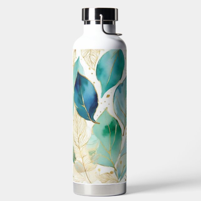 Blaue, Aquamarine und goldene Blätter Trinkflasche (links)