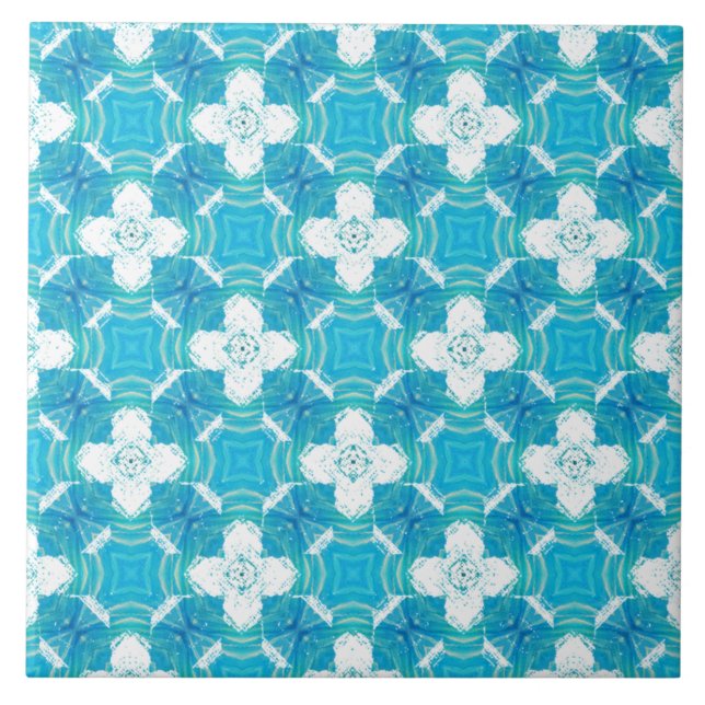 Blaue, Aquamarine und weiße Blume Fliese (Vorderseite)
