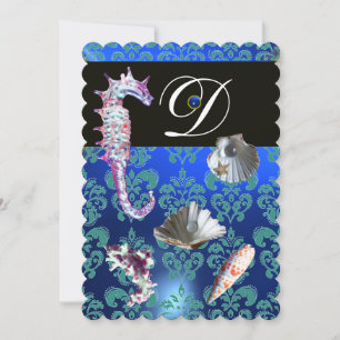 BLAUE AQUAMARINFARBE DAMAST HOCHZEITS-MONOGRAMM EINLADUNG