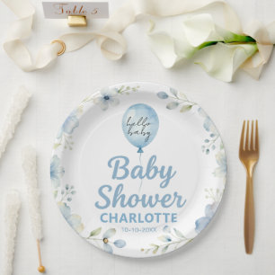 Blaue Aquarell-Ballon-Blumen-Junge-Baby-Party Pappteller