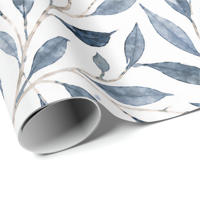 Blaue Aquarell-Blätter Botanisches Geschenkpapier (Rolleneckpunkt)