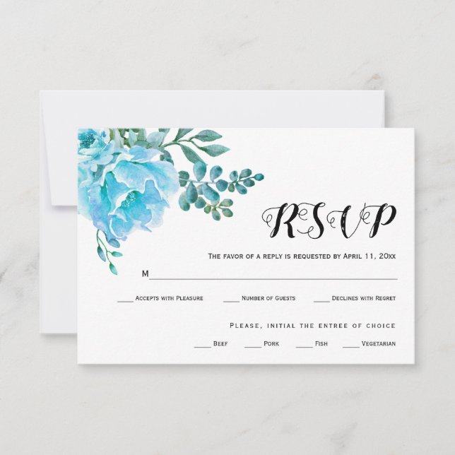 Blaue Aquarell-Blume Hochzeit-RSVP-Karte RSVP Karte (Vorderseite)