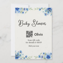 Blaue Aquarell-Blumen-Baby-Party-Scan-QR-RSVP-Pa