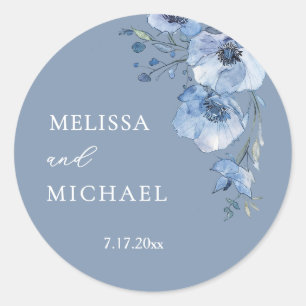Blaue Aquarell-Blumen-Hochzeit Runder Aufkleber
