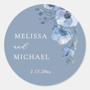 Blaue Aquarell-Blumen Hochzeit Runder Aufkleber