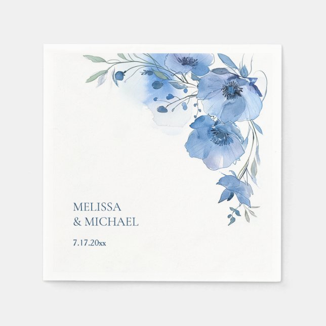 Blaue Aquarell-Blumen-Hochzeit Serviette (Vorderseite)