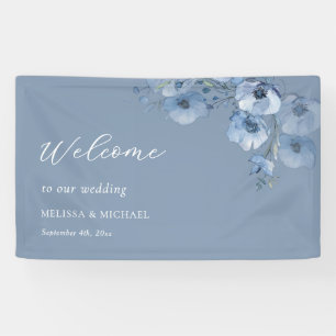 Blaue Aquarell-Blumen Hochzeit Willkommen Banner