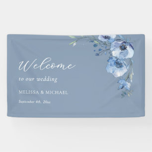 Blaue Aquarell-Blumen Hochzeit Willkommen Banner