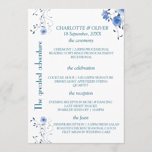 Blaue Aquarell-Blumen-Hochzeitsprogramm-Karte Desi Programm (Vorderseite)