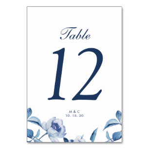 Blaue Aquarell-Blumen-Hochzeitstisch-Nummernkarte Tischnummer