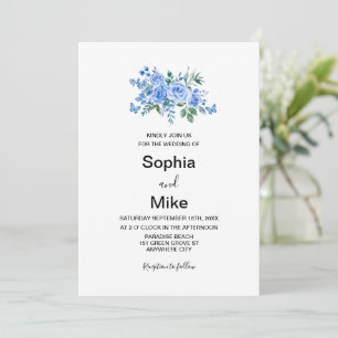 Blaue Aquarell-Blumen-Schmetterlinge-Hochzeit Einladung