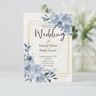 Blaue Aquarell-Blumen und goldene Rahmen-Hochzeits Einladung