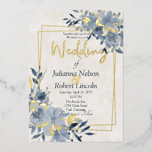 Blaue Aquarell-Blumen- und Goldrahmen-Hochzeit Folieneinladung