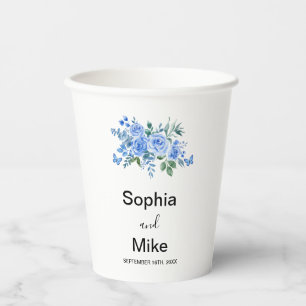 Blaue Aquarell-Blumen- und Schmetterlings-Hochzeit Pappbecher
