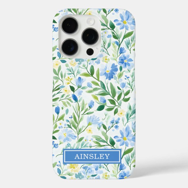 Blaue Aquarell-Blumenmonogramm  iPhone 16 Pro Hülle (Rückseite)
