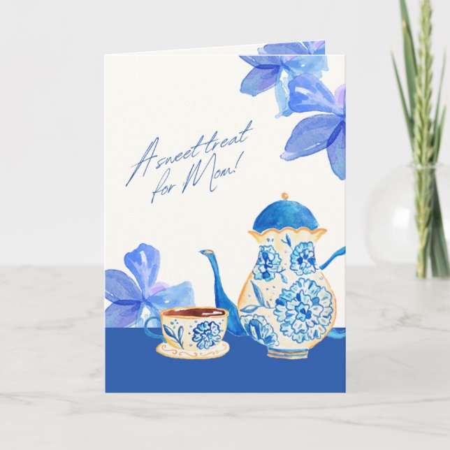 Blaue Aquarell-Blumentasse Karte (Vorderseite)