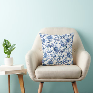 Blaue Aquarell-Blumentoile-Chinoiserie Elegant Kissen