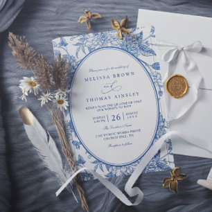 Blaue Aquarell-Botanische Blumen QR-Code-Hochzeit Einladung