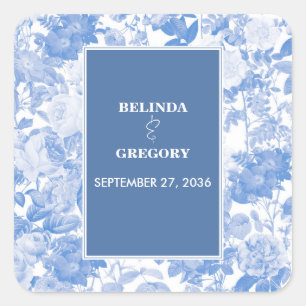 Blaue Aquarell-Botanische Blumige Hochzeit Quadratischer Aufkleber
