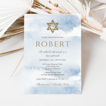 Blaue Aquarell-Einladung zur Bar Mitzvah | Goldene