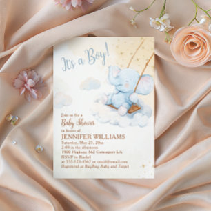 Blaue Aquarell-Elefanten-Schaukel-Junge-Baby-Party Einladung