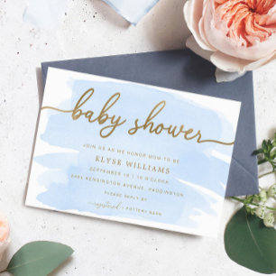 Blaue Aquarell-Gold-Baby-Shower-Einladung Einladung