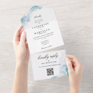 Blaue Aquarell-Gold-Glitter-QR-Code-Hochzeit All In One Einladung