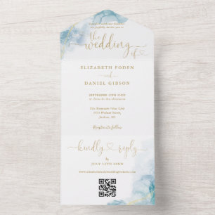 Blaue Aquarell-Gold-Schrift-Herzen QR-Code Hochzei All In One Einladung