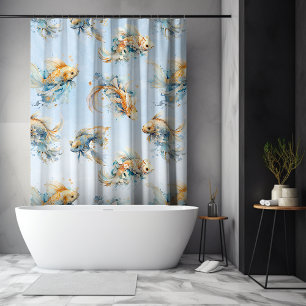Blaue Aquarell-Gold-Weiße Koi-Fische Floral Duschvorhang