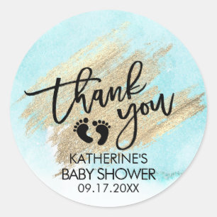 Blaue Aquarell-Goldbürsten-Anschlag-Babyparty Runder Aufkleber