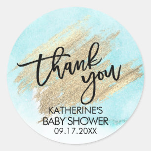 Blaue Aquarell-Goldbürsten-Anschlag-Babyparty Runder Aufkleber
