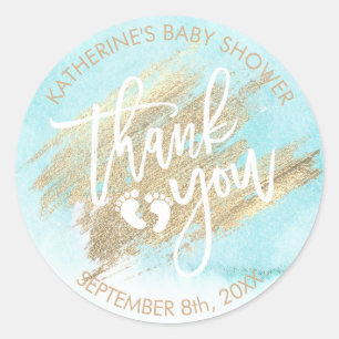 Blaue Aquarell-Goldbürsten-Anschlag-Babyparty Runder Aufkleber