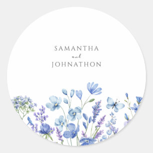 Blaue Aquarell-Hochzeit mit Wildblumen Runder Aufkleber