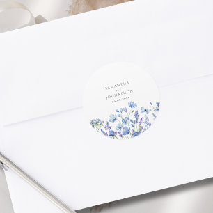 Blaue Aquarell-Hochzeit mit Wildblumen Runder Aufkleber