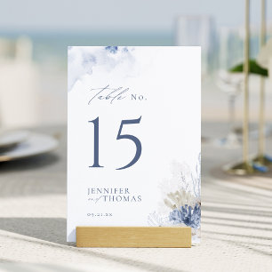 Blaue Aquarell-Korallen & Muscheln Strand Hochzeit Tischnummer