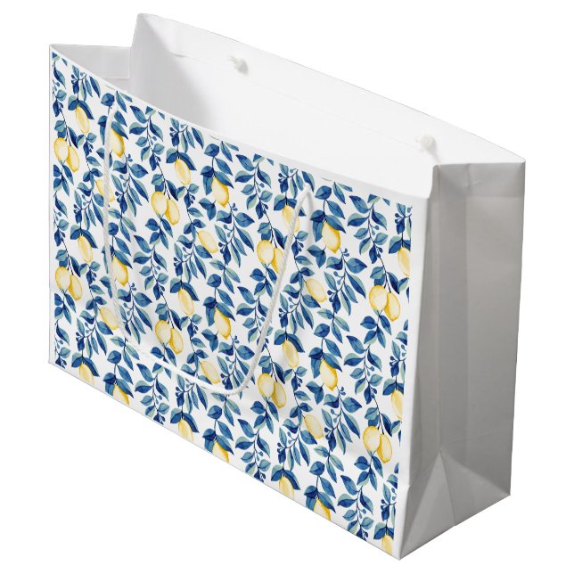 Blaue Aquarell-Limette Große Geschenktüte (Vorderseite Schrägansicht)