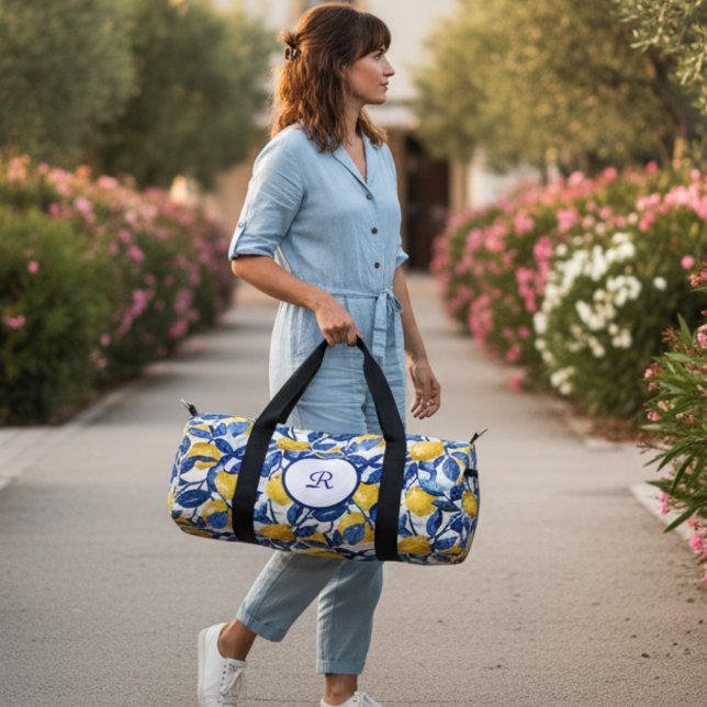 Blaue Aquarell-Limonen-Muster-Monogramm Duffle Bag (Von Creator hochgeladen)