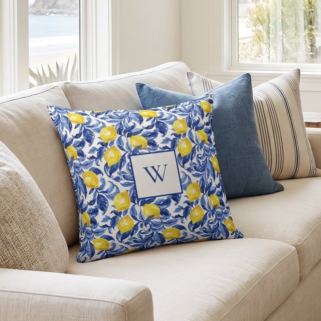 Blaue Aquarell-Limonen-Muster-Monogramm Kissen (Von Creator hochgeladen)