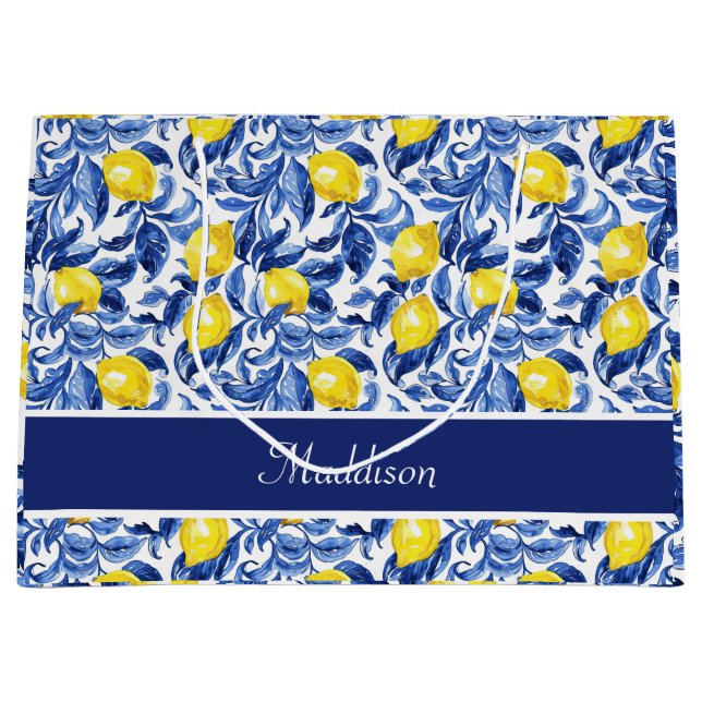 Blaue Aquarell-Limonen-Muster-Monogramm-Name Große Geschenktüte (Vorderseite)