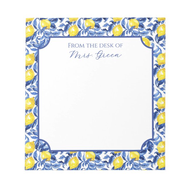Blaue Aquarell-Limonen-Muster-Monogramm-Name Notizblock (Vorderseite)