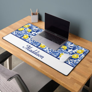 Blaue Aquarell-Limonen-Muster-Monogramm-Name Schreibtischunterlage