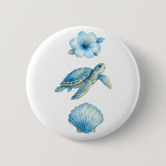 Blaue Aquarell-Meereschildkröte und Küsten-Element Button