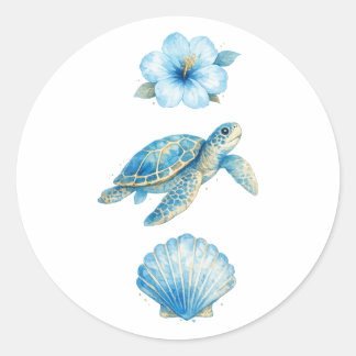 Blaue Aquarell-Meereschildkröte und Küsten-Element Runder Aufkleber