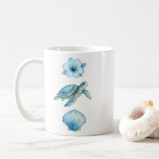 Blaue Aquarell-Meeresschildkröte und Küsten-Elemen Kaffeetasse