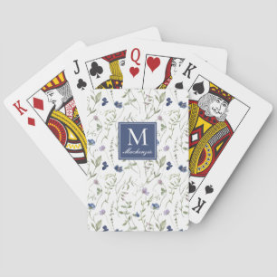 Blaue Aquarell-Monogramm-Name mit Wildblume Spielkarten
